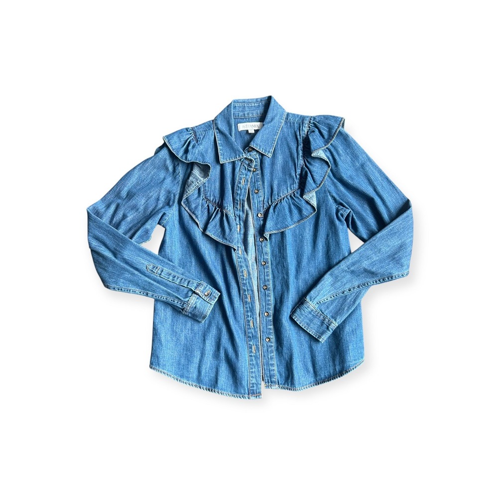 Intermix Ruffle Denim Button Down Shirt Blue Cotton Long Sleeve Women's Small